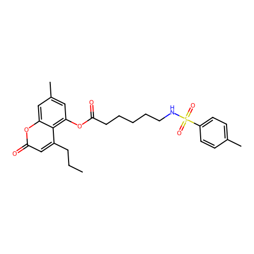 7-methyl-2-oxo-4-propyl-2H-chromen-5-yl 6-(4-methylphenylsulfonamido)hexanoate structure