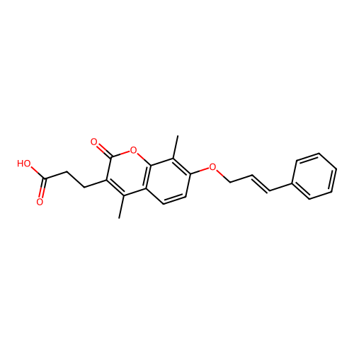 (E)-3-(7-(cinnamyloxy)-4,8-dimethyl-2-oxo-2H-chromen-3-yl)propanoic acid structure