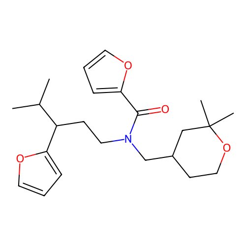 N-[(2,2-dimethyloxan-4-yl)methyl]-N-[3-(furan-2-yl)-4-methylpentyl]furan-2-carboxamide structure