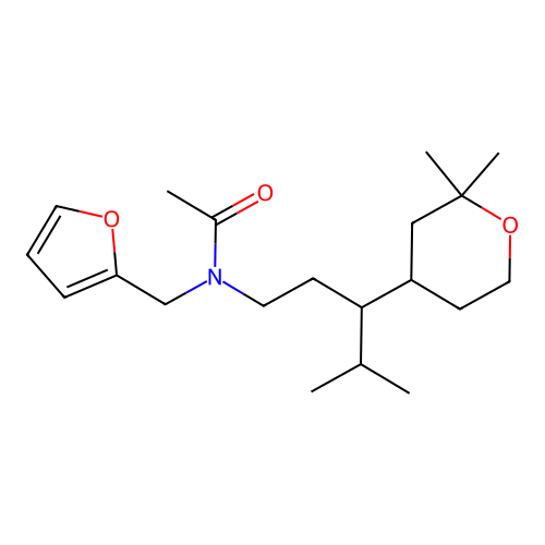 N-[3-(2,2-dimethyloxan-4-yl)-4-methylpentyl]-N-(furan-2-ylmethyl)acetamide structure
