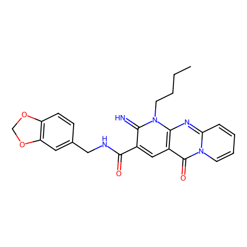 N-(1,3-benzodioxol-5-ylmethyl)-1-butyl-2-imino-5-oxo-1,5-dihydro-2H-dipyrido[1,2-a:2',3'-d]pyrimidine-3-carboxamide structure