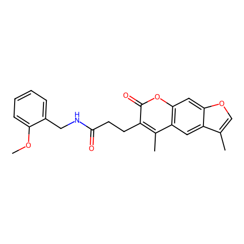 3-(3,5-dimethyl-7-oxo-7H-furo[3,2-g]chromen-6-yl)-N-(2-methoxybenzyl)propanamide structure
