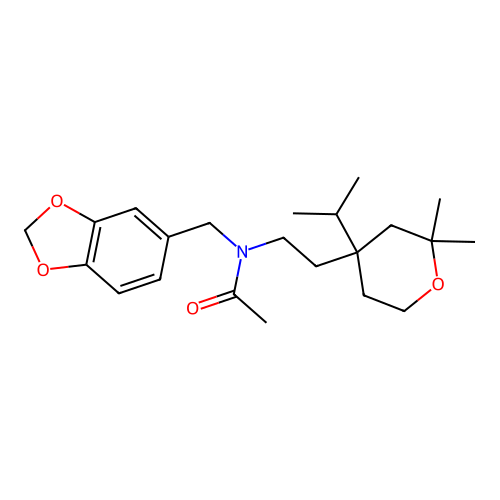 N-(1,3-benzodioxol-5-ylmethyl)-N-{2-[2,2-dimethyl-4-(propan-2-yl)tetrahydro-2H-pyran-4-yl]ethyl}acetamide structure
