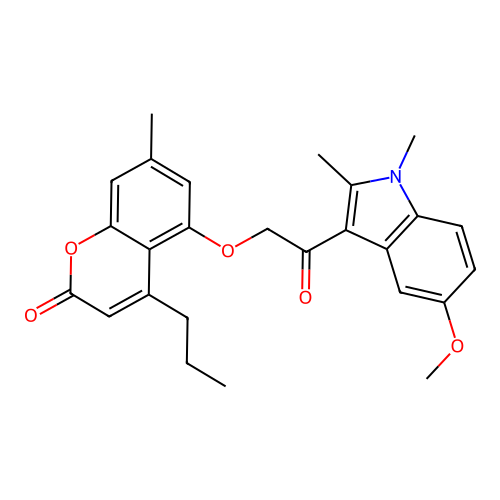 5-(2-(5-methoxy-1,2-dimethyl-1H-indol-3-yl)-2-oxoethoxy)-7-methyl-4-propyl-2H-chromen-2-one structure