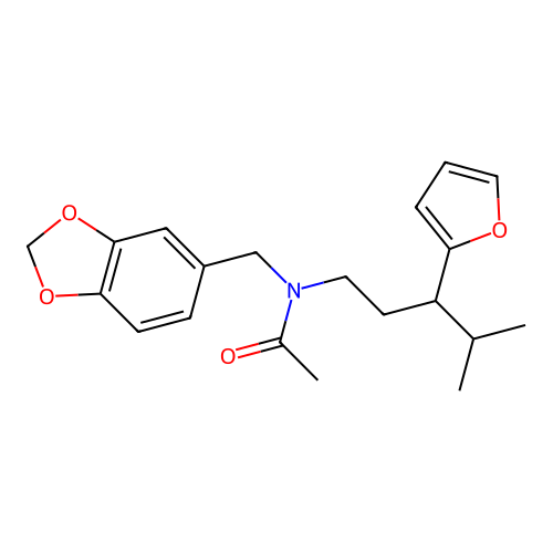 N-(1,3-benzodioxol-5-ylmethyl)-N-[3-(furan-2-yl)-4-methylpentyl]acetamide structure