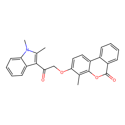 3-(2-(1,2-dimethyl-1H-indol-3-yl)-2-oxoethoxy)-4-methyl-6H-benzo[c]chromen-6-one structure