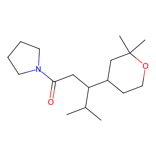 3-(2,2-dimethyloxan-4-yl)-4-methyl-1-pyrrolidin-1-ylpentan-1-one structure