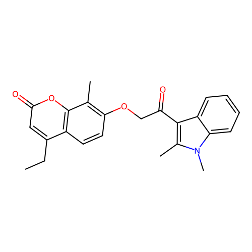 7-(2-(1,2-dimethyl-1H-indol-3-yl)-2-oxoethoxy)-4-ethyl-8-methyl-2H-chromen-2-one structure