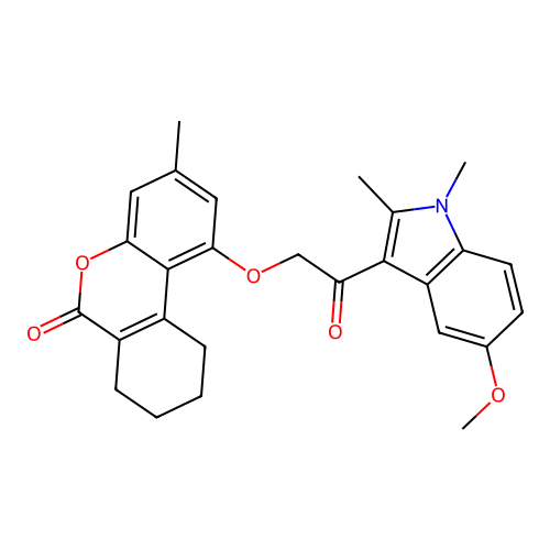 1-(2-(5-methoxy-1,2-dimethyl-1H-indol-3-yl)-2-oxoethoxy)-3-methyl-7,8,9,10-tetrahydro-6H-benzo[c]chromen-6-one structure