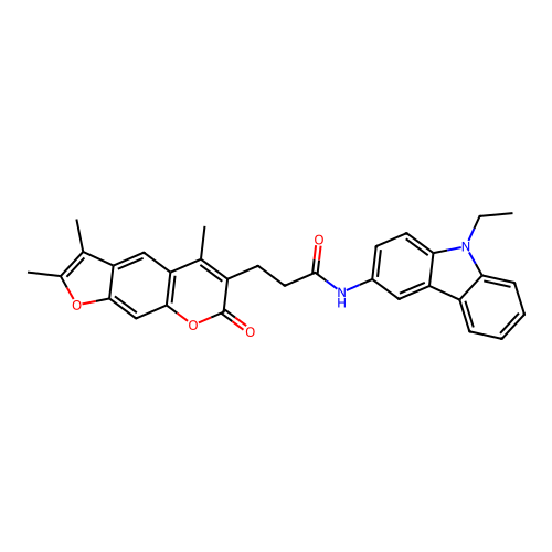 N-(9-ethyl-9H-carbazol-3-yl)-3-(2,3,5-trimethyl-7-oxo-7H-furo[3,2-g]chromen-6-yl)propanamide structure