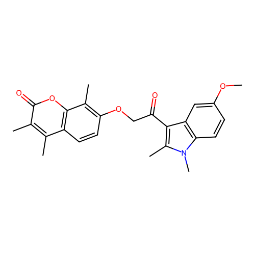 7-(2-(5-methoxy-1,2-dimethyl-1H-indol-3-yl)-2-oxoethoxy)-3,4,8-trimethyl-2H-chromen-2-one structure