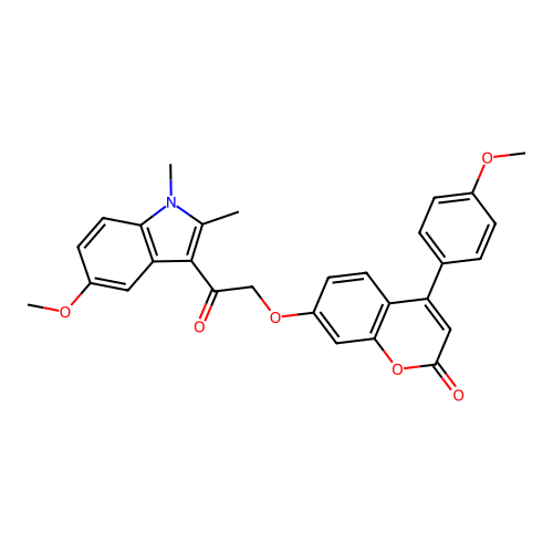 7-(2-(5-methoxy-1,2-dimethyl-1H-indol-3-yl)-2-oxoethoxy)-4-(4-methoxyphenyl)-2H-chromen-2-one structure
