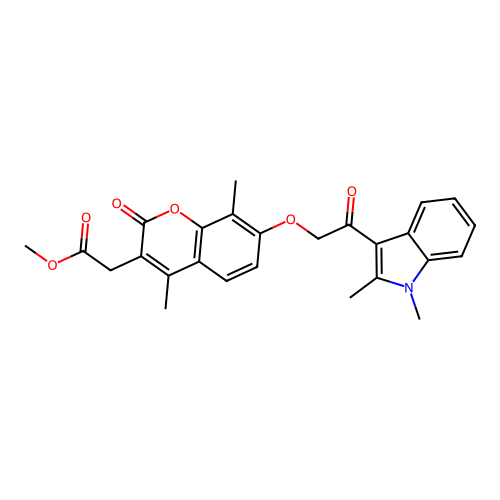 methyl 2-(7-(2-(1,2-dimethyl-1H-indol-3-yl)-2-oxoethoxy)-4,8-dimethyl-2-oxo-2H-chromen-3-yl)acetate structure