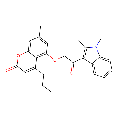 5-(2-(1,2-dimethyl-1H-indol-3-yl)-2-oxoethoxy)-7-methyl-4-propyl-2H-chromen-2-one structure