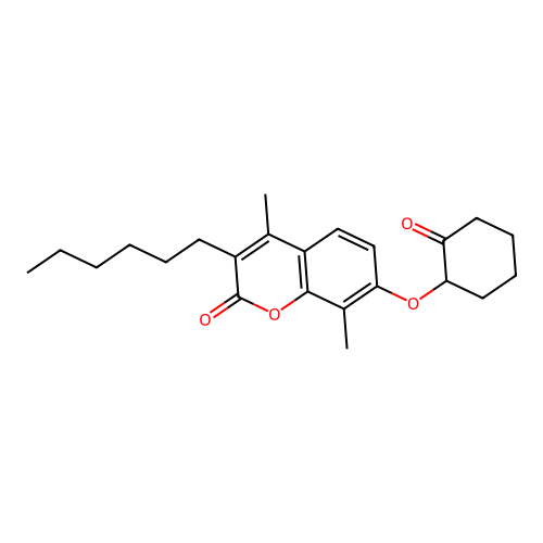 3-hexyl-4,8-dimethyl-7-[(2-oxocyclohexyl)oxy]-2H-chromen-2-one structure