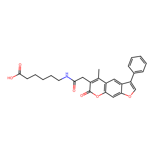 6-(2-(5-methyl-7-oxo-3-phenyl-7H-furo[3,2-g]chromen-6-yl)acetamido)hexanoic acid structure