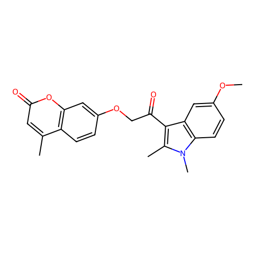 7-(2-(5-methoxy-1,2-dimethyl-1H-indol-3-yl)-2-oxoethoxy)-4-methyl-2H-chromen-2-one structure