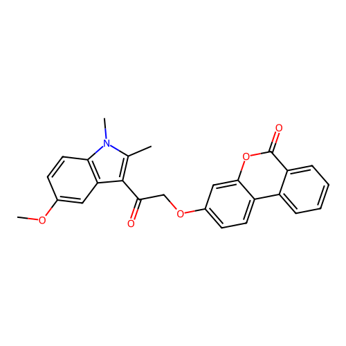 3-(2-(5-methoxy-1,2-dimethyl-1H-indol-3-yl)-2-oxoethoxy)-6H-benzo[c]chromen-6-one structure