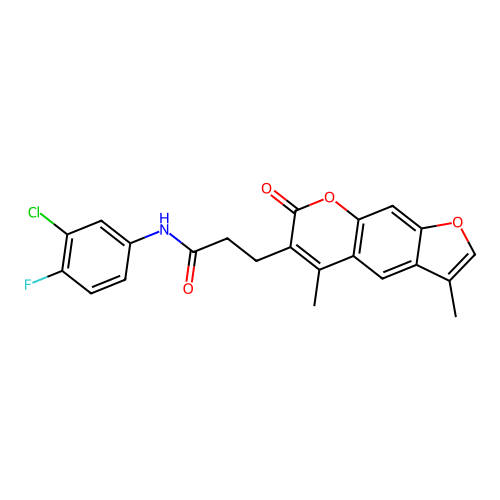 N-(3-chloro-4-fluorophenyl)-3-(3,5-dimethyl-7-oxo-7H-furo[3,2-g]chromen-6-yl)propanamide structure