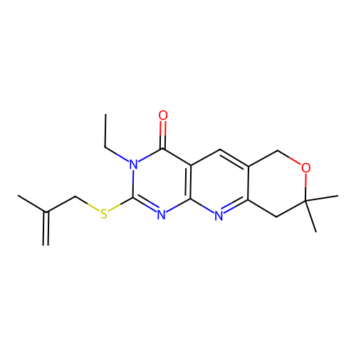 3-ethyl-8,8-dimethyl-2-((2-methylallyl)thio)-8,9-dihydro-3H-pyrano[3',4':5,6]pyrido[2,3-d]pyrimidin-4(6H)-one structure