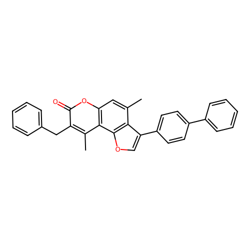 8-benzyl-3-(4-biphenylyl)-4,9-dimethyl-7H-furo[2,3-f]chromen-7-one structure