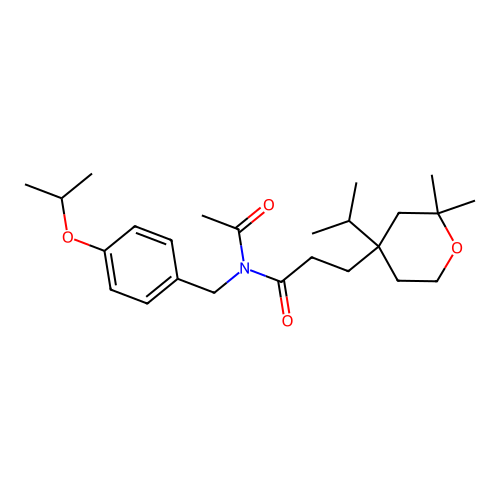 N-acetyl-3-(2,2-dimethyl-4-propan-2-yloxan-4-yl)-N-[(4-propan-2-yloxyphenyl)methyl]propanamide structure