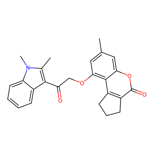9-(2-(1,2-dimethyl-1H-indol-3-yl)-2-oxoethoxy)-7-methyl-2,3-dihydrocyclopenta[c]chromen-4(1H)-one structure