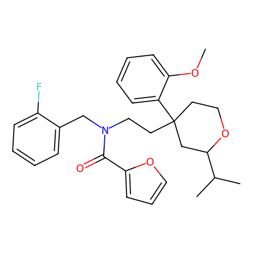 N-(2-fluorobenzyl)-N-(2-(2-isopropyl-4-(2-methoxyphenyl)tetrahydro-2H-pyran-4-yl)ethyl)furan-2-carboxamide structure