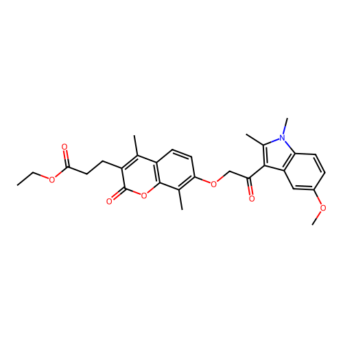 ethyl 3-(7-(2-(5-methoxy-1,2-dimethyl-1H-indol-3-yl)-2-oxoethoxy)-4,8-dimethyl-2-oxo-2H-chromen-3-yl)propanoate structure
