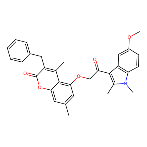 3-benzyl-5-(2-(5-methoxy-1,2-dimethyl-1H-indol-3-yl)-2-oxoethoxy)-4,7-dimethyl-2H-chromen-2-one structure