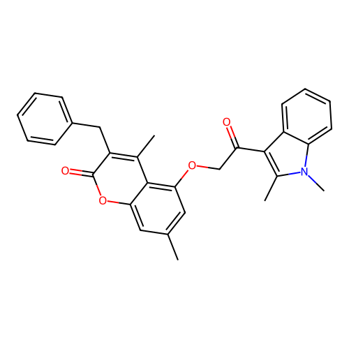 3-benzyl-5-(2-(1,2-dimethyl-1H-indol-3-yl)-2-oxoethoxy)-4,7-dimethyl-2H-chromen-2-one structure