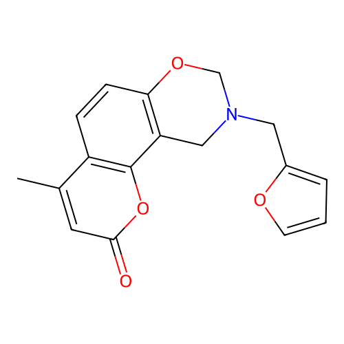 9-(2-furylmethyl)-4-methyl-9,10-dihydro-2H,8H-chromeno[8,7-e][1,3]oxazin-2-one structure