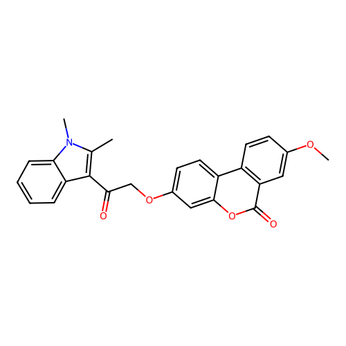 3-(2-(1,2-dimethyl-1H-indol-3-yl)-2-oxoethoxy)-8-methoxy-6H-benzo[c]chromen-6-one structure