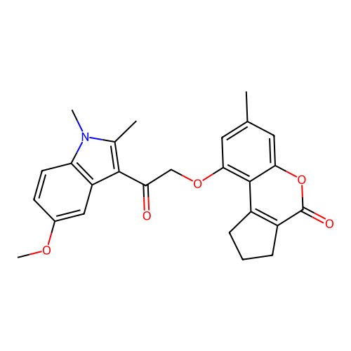 9-(2-(5-methoxy-1,2-dimethyl-1H-indol-3-yl)-2-oxoethoxy)-7-methyl-2,3-dihydrocyclopenta[c]chromen-4(1H)-one structure