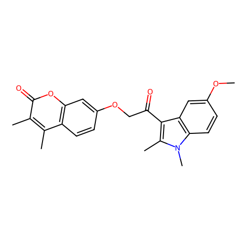7-(2-(5-methoxy-1,2-dimethyl-1H-indol-3-yl)-2-oxoethoxy)-3,4-dimethyl-2H-chromen-2-one structure