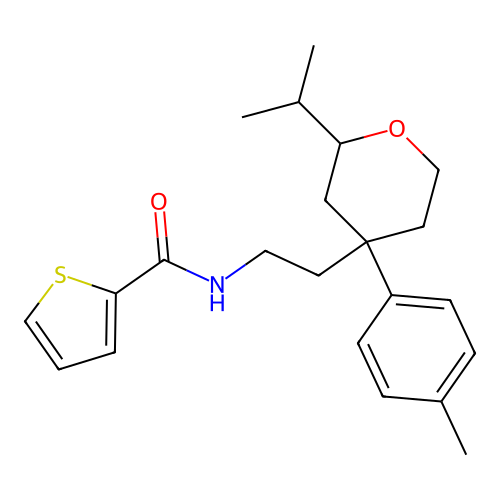 N-{2-[4-(4-methylphenyl)-2-(propan-2-yl)tetrahydro-2H-pyran-4-yl]ethyl}thiophene-2-carboxamide structure