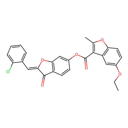 (2Z)-2-(2-chlorobenzylidene)-3-oxo-2,3-dihydro-1-benzofuran-6-yl 5-ethoxy-2-methyl-1-benzofuran-3-carboxylate structure