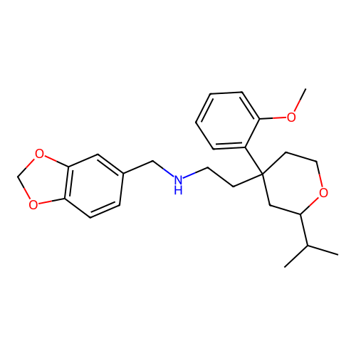 N-(1,3-benzodioxol-5-ylmethyl)-2-[4-(2-methoxyphenyl)-2-propan-2-yloxan-4-yl]ethanamine structure