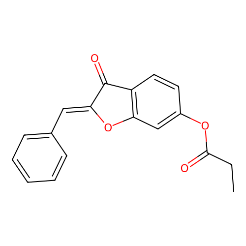 (Z)-2-benzylidene-3-oxo-2,3-dihydrobenzofuran-6-yl propionate structure