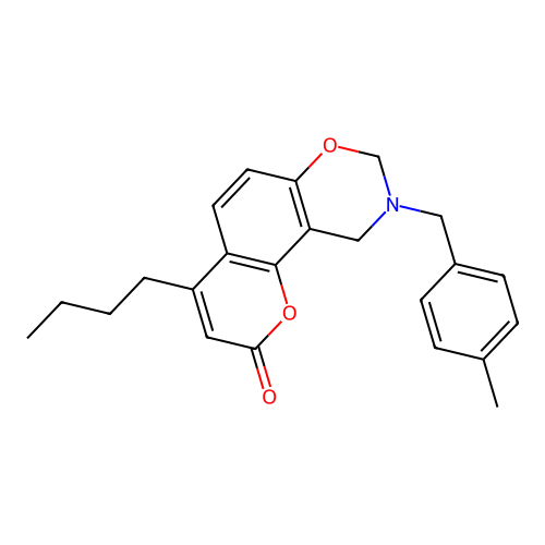 4-butyl-9-(4-methylbenzyl)-9,10-dihydro-2H,8H-chromeno[8,7-e][1,3]oxazin-2-one structure