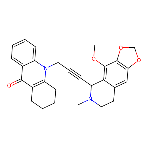 10-(3-(4-methoxy-6-methyl-5,6,7,8-tetrahydro-[1,3]dioxolo[4,5-g]isoquinolin-5-yl)prop-2-yn-1-yl)-1,2,3,4-tetrahydroacridin-9(10H)-one structure
