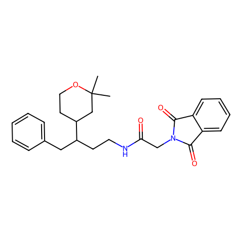 N-[3-(2,2-dimethyloxan-4-yl)-4-phenyl-butyl]-2-(1,3-dioxoisoindol-2-yl)acetamide structure