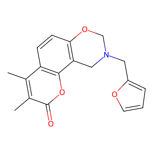 9-(2-furylmethyl)-3,4-dimethyl-9,10-dihydro-2H,8H-chromeno[8,7-e][1,3]oxazin-2-one structure