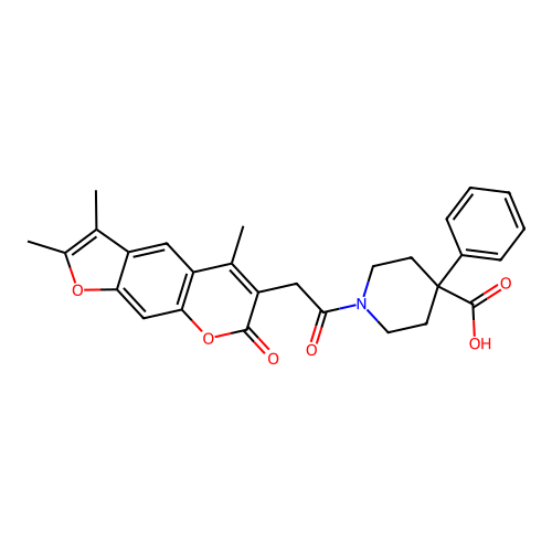 4-phenyl-1-(2-(2,3,5-trimethyl-7-oxo-7H-furo[3,2-g]chromen-6-yl)acetyl)piperidine-4-carboxylic acid structure