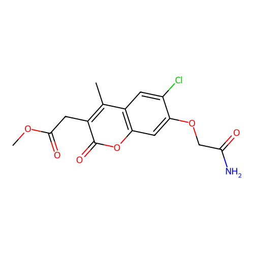 methyl [7-(2-amino-2-oxoethoxy)-6-chloro-4-methyl-2-oxo-2H-chromen-3-yl]acetate structure