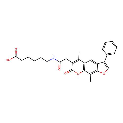 6-(2-(5,9-dimethyl-7-oxo-3-phenyl-7H-furo[3,2-g]chromen-6-yl)acetamido)hexanoic acid structure