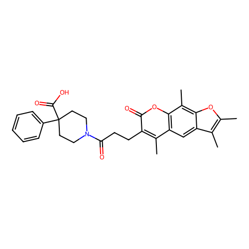 4-phenyl-1-(3-(2,3,5,9-tetramethyl-7-oxo-7H-furo[3,2-g]chromen-6-yl)propanoyl)piperidine-4-carboxylic acid structure