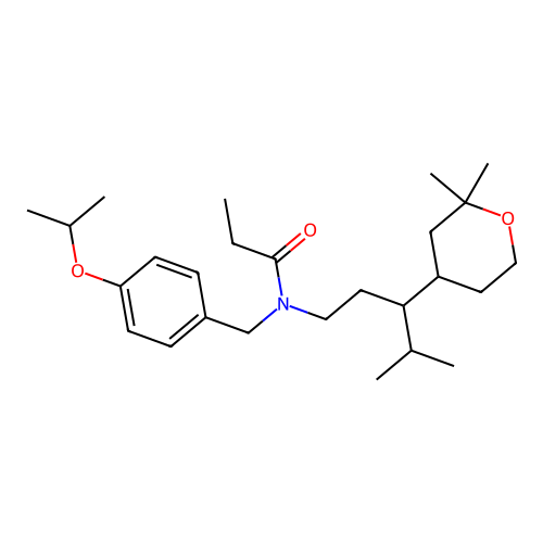 N-(3-(2,2-dimethyltetrahydro-2H-pyran-4-yl)-4-methylpentyl)-N-(4-isopropoxybenzyl)propionamide structure