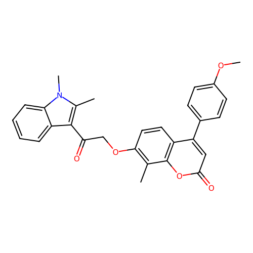 7-(2-(1,2-dimethyl-1H-indol-3-yl)-2-oxoethoxy)-4-(4-methoxyphenyl)-8-methyl-2H-chromen-2-one structure