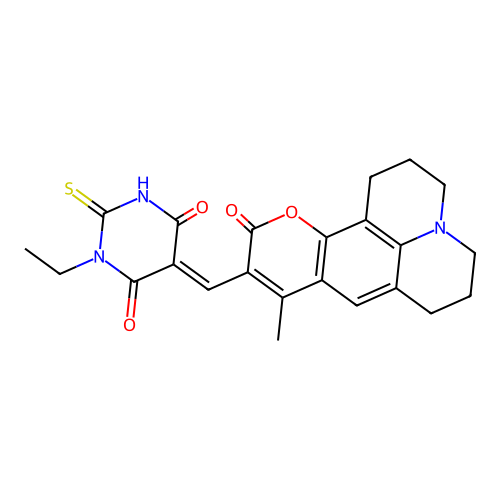 1-ethyl-5-((9-methyl-11-oxo-2,3,5,6,7,11-hexahydro-1H-pyrano[2,3-f]pyrido[3,2,1-ij]quinolin-10-yl)methylene)-2-thioxodihydropyrimidine-4,6(1H,5H)-dione structure